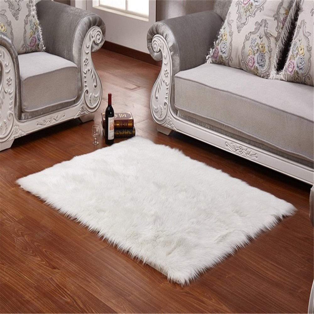 Faux Peau de Mouton en Laine Tapis avec Laine Douce et épaisse Imitation Toison Moquette Fluffy Soft Longhair Décoratif Coussin de Chaise Canapé Natte (Blanc)