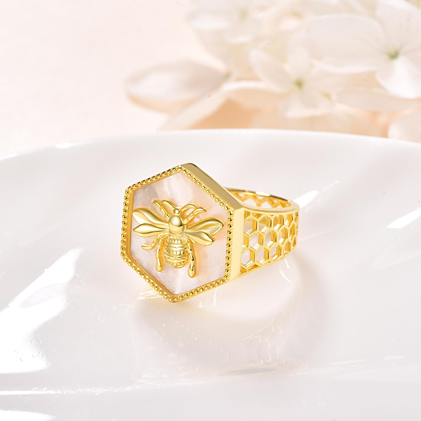 praymos 925 Sterling Silver Bee Honeycomb Ring Gold Bee Ring Honey Bee Beehive Blessing Nature Meditation Stacking Ring Size 7 - Image 2