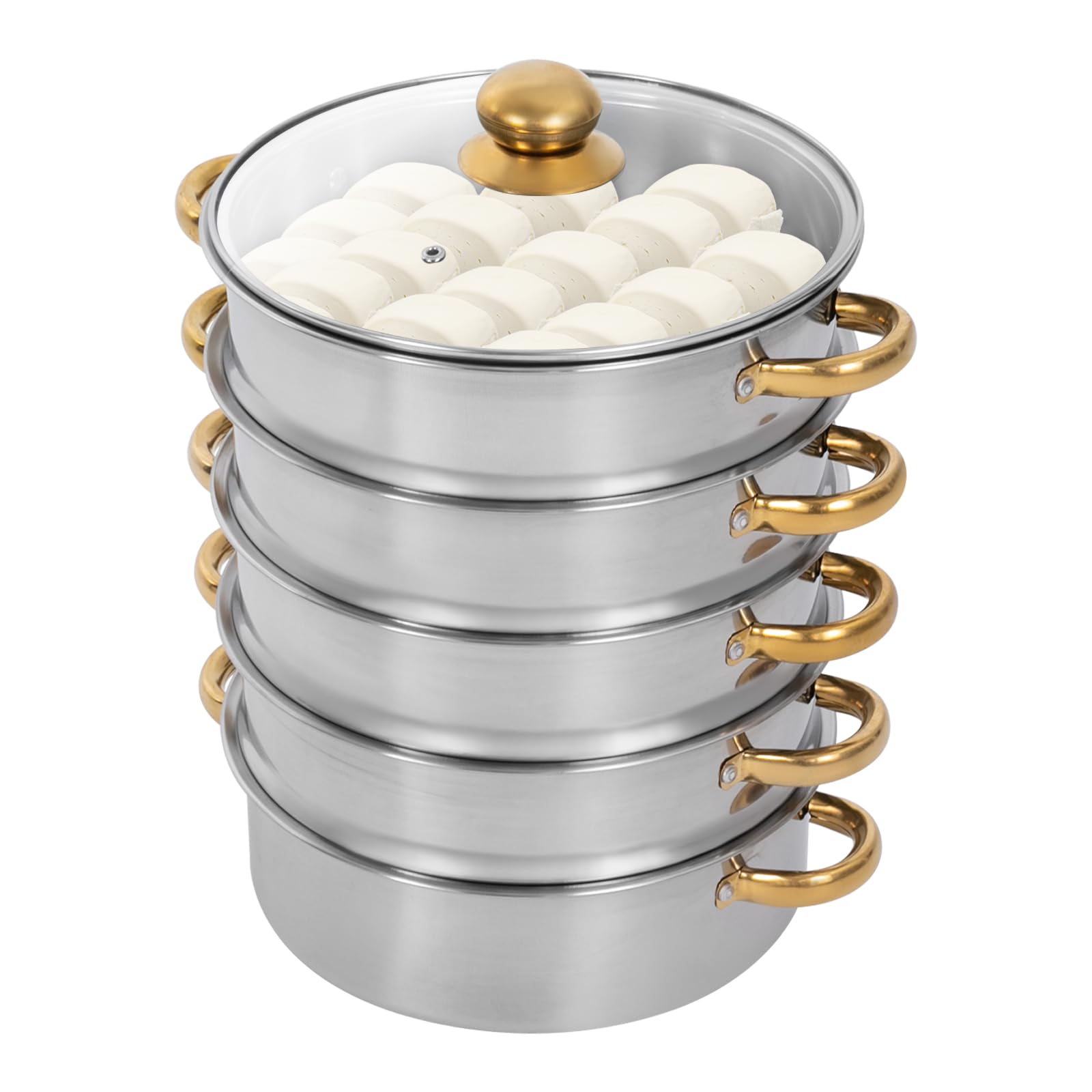 Cuiseur vapeur en acier inoxydable - 26/28/30 cm - 5 étages - Avec couvercle en verre - Doré/argenté - Convient pour plaques de cuisson à gaz, plaques à induction et casseroles électriques en argile -
