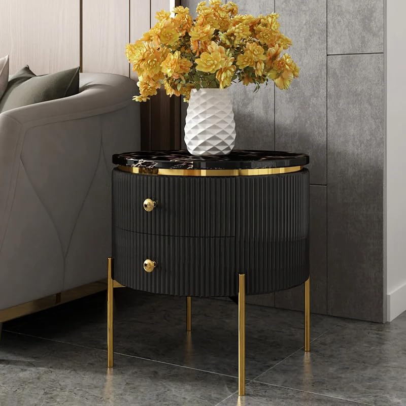 Image of Spain Bedside Table with 2 Drawers, 18x18x18 Inch, Round Sintered Marble Top, Gold Metal Legs & Handle, Waterproof Plywood Body, Modern Side Table for Sofa /Bedroom (Black)