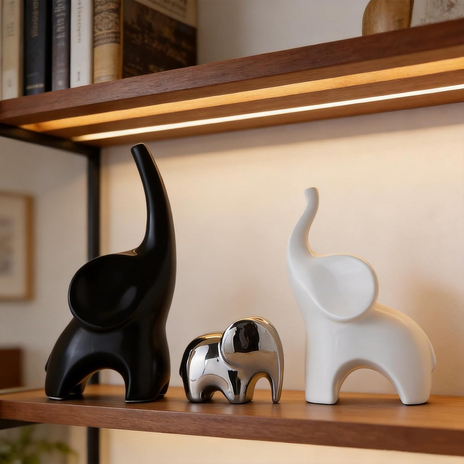 Elephant Statue Set of 3,Modern Ceramic Decor Statue,Good Luck Elephant,for Bookshelf Living Room Office Table Shelf Decorations.Gift for Elephant Lovers. (Big Ear Elephant)