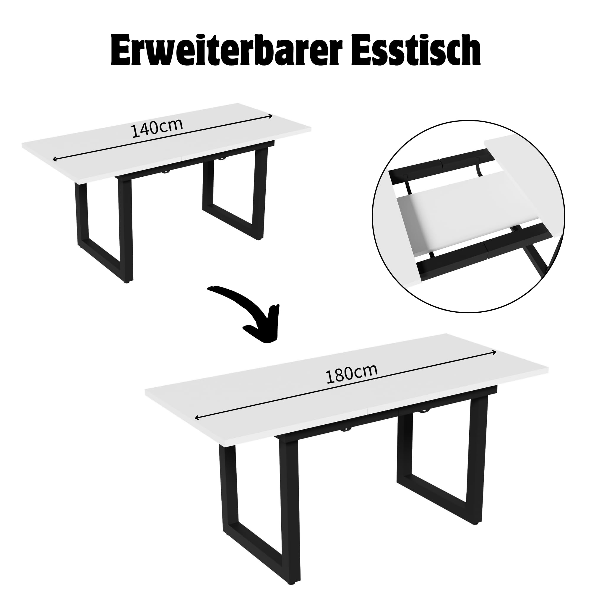Merax Esstisch 140/180x80x75cm, Ausziehbar Esszimmertisch mit Tischbeine aus Metall, Rechteckiger Küchentisch für Wohnzimmer und Esszimmer, Weiß