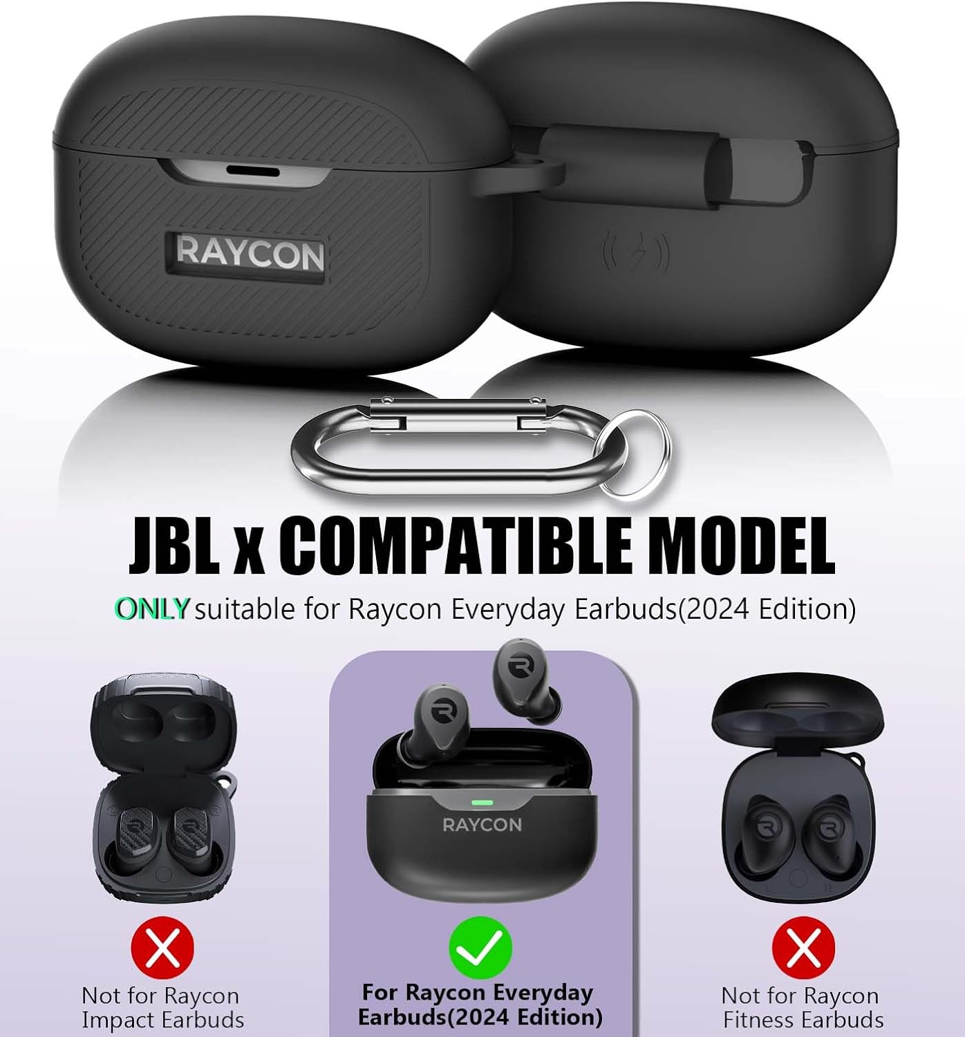 [3 in 1] for Raycon Everyday Earbuds(2024 Edition) Case Cover with Cleaner kit, Logo Visible Design Shockproof Silicone Protective Cover for Raycon Everyday Earbuds with Carabiner-Black - Image 5