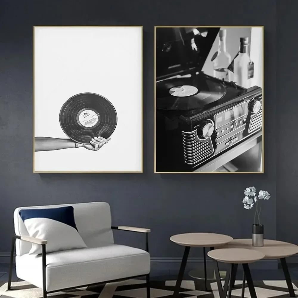 LZJAGXX Obraz na płótnie czarno-biała muzyka vintage płyta winylowa gitara sztuka ścienna plakat mural nordycki salon wystrój domu (30 x 45 cm x 2/płótno owinięte)