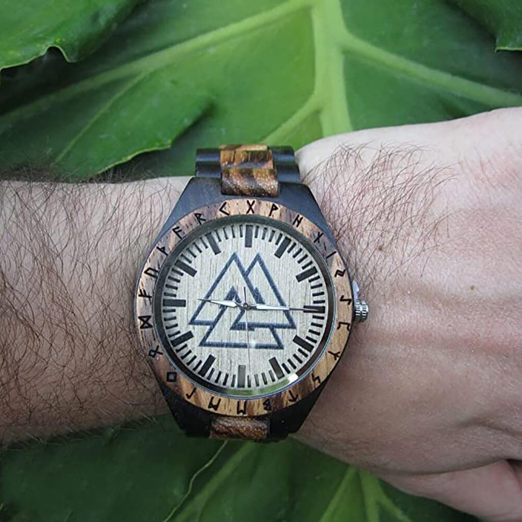 Orologio da Uomo in Legno con Rune Vichinghe con Catena alla Moda E Cinturino da Polso Regolabile con Incisione A Mano in Confezione Regalo