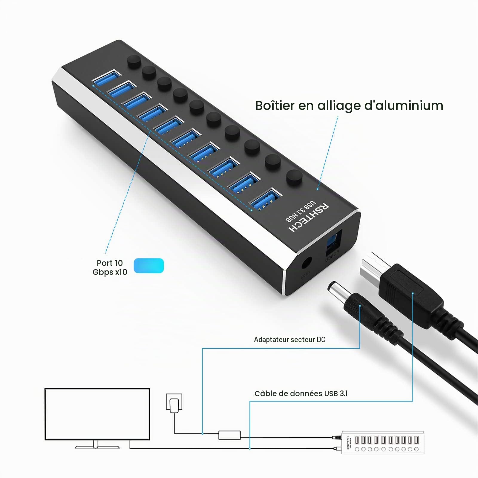 RSHTECH Hub USB 3.0 à 10 Ports Aluminium, Hub USB 3.1 Alimenté, RSH-A10S