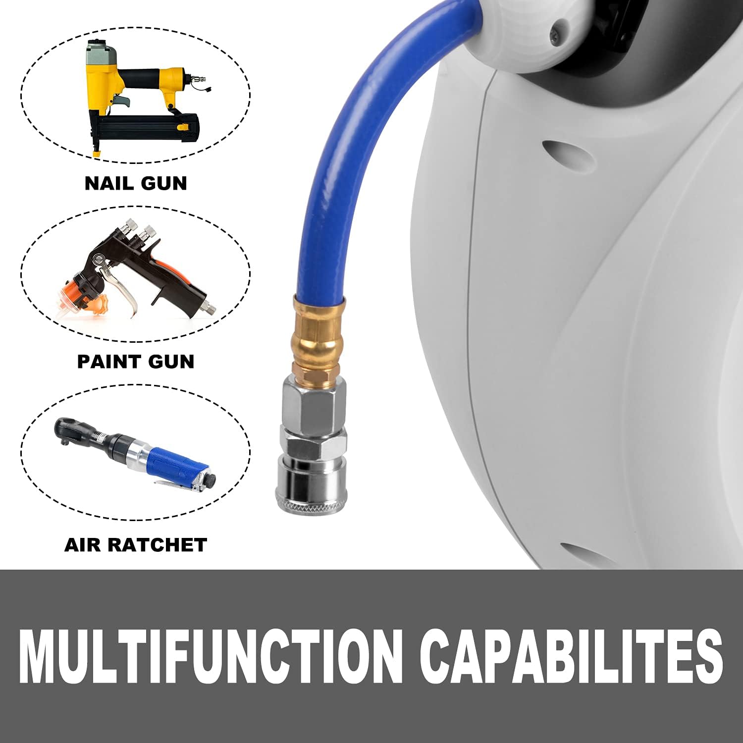 TOPEX 20M Air Hose Reel, 15 Bar Max Retractable Garden Hose Reel, Wall Mounted Air Compressor Hose Reel with Quick Coupling, Auto Rapid Rewind, Any Position Stop for Spray Gun and Air Ratchet