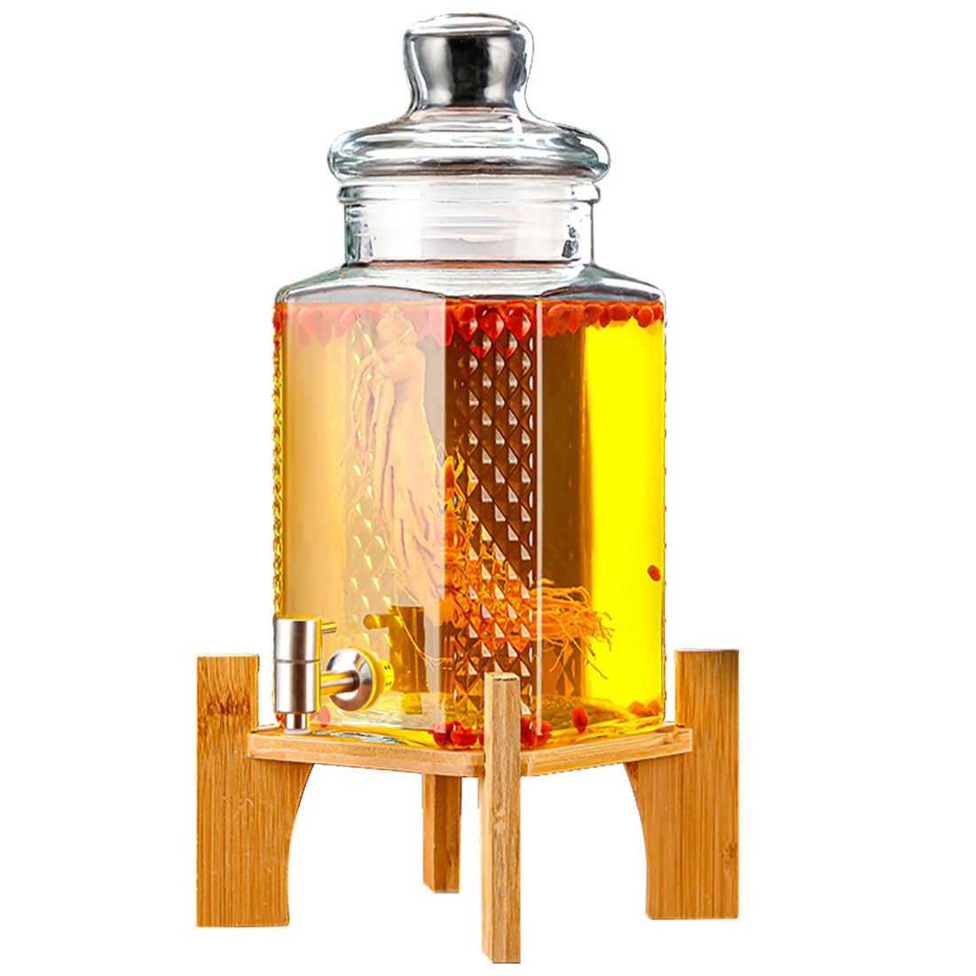 AYCDL 5L Glass Beverage Drink Dispenser with Stainless Steel Spigot Leakproof Cold Drink Juice Container Large Capacity Water Dispenser with Dustproof Glass,5l-stainless Steel Spigot-Bamboo Base