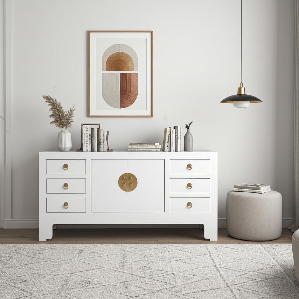 Fine Asianliving Mobile TV Cinese Bianco Neve - Orientique Collezione L121xP37xA61cm Chinesischer TV schrank China Oriental Asiatique Fernsehschrank TV Regal TV Tisch TV Möbel TV Board