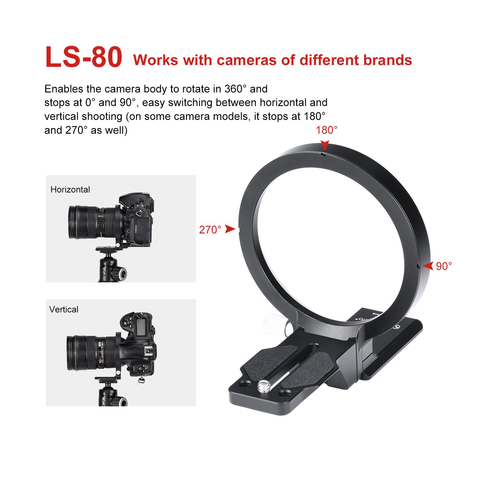 SUNWAYFOTO Anello girevole universale da 80 mm per DLSR, supporto per treppiede e piastra Arca Swiss, regolazione orizzontale e verticale