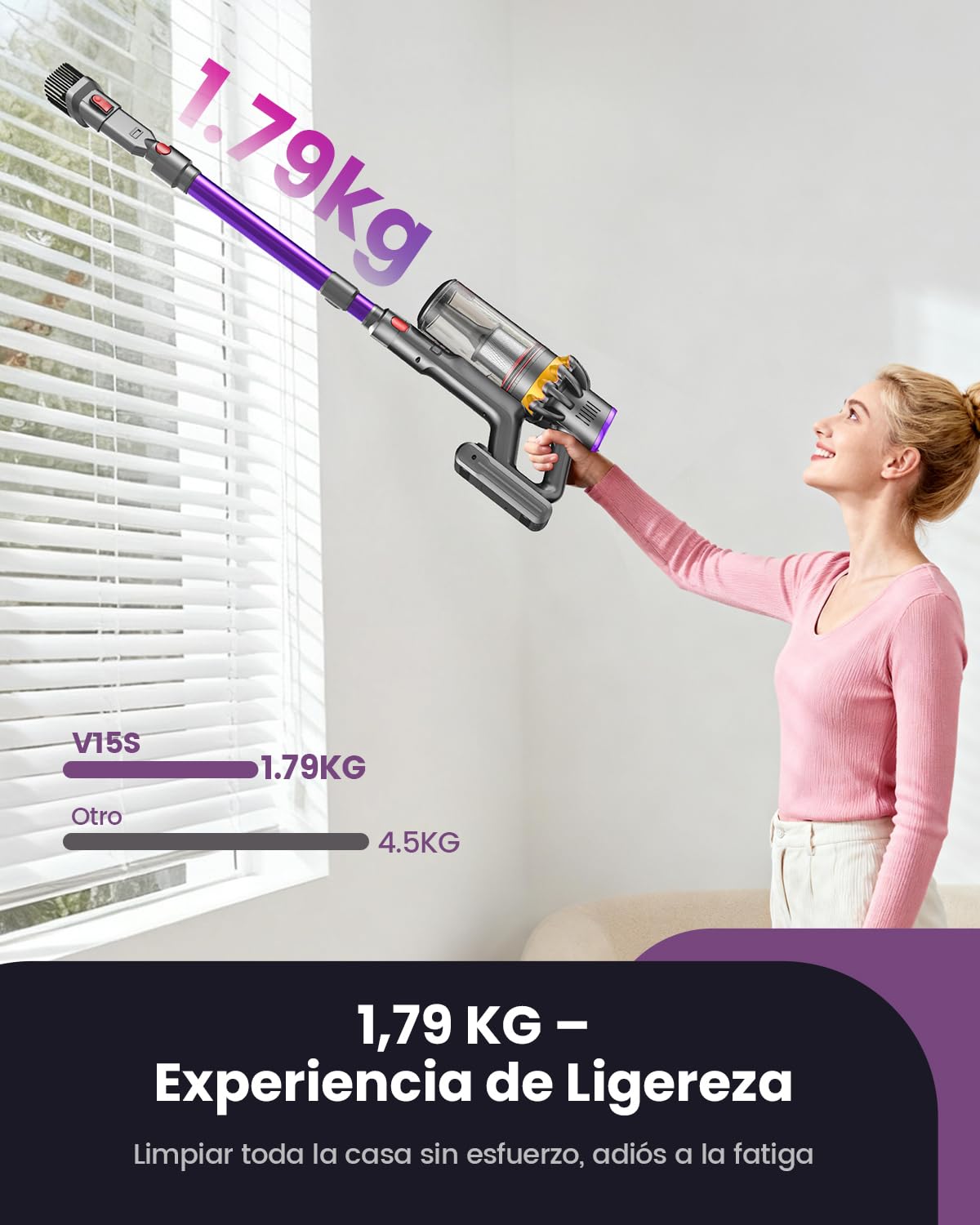 45kPa/580W/70Mins Aspiradora sin Cable, 1.8L Aspirador de Mano con Cepillo Antienredos, Pantalla Táctil, Carga de Pared, 6 en 1 Escoba Aspiradora, Ideal para Suelos Alfombras Pelo de Animales