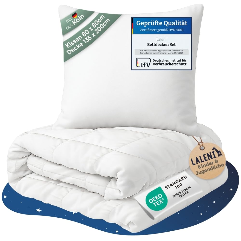 Laleni Baby Bettdecke und Kissen Set – Bettdecke 135x200 cm + Flachkissen 80x80 cm – Oeko-TEX Zertifiziert – Bettausstattung für Baby- & Kleinkinderzimmer – Weiß