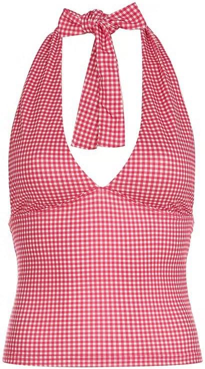 Women Halter Neck Sleeveless Crop Tops y2k Back Tie Up Cami Shirts Deep V Going Out Tank Tops - Image 5