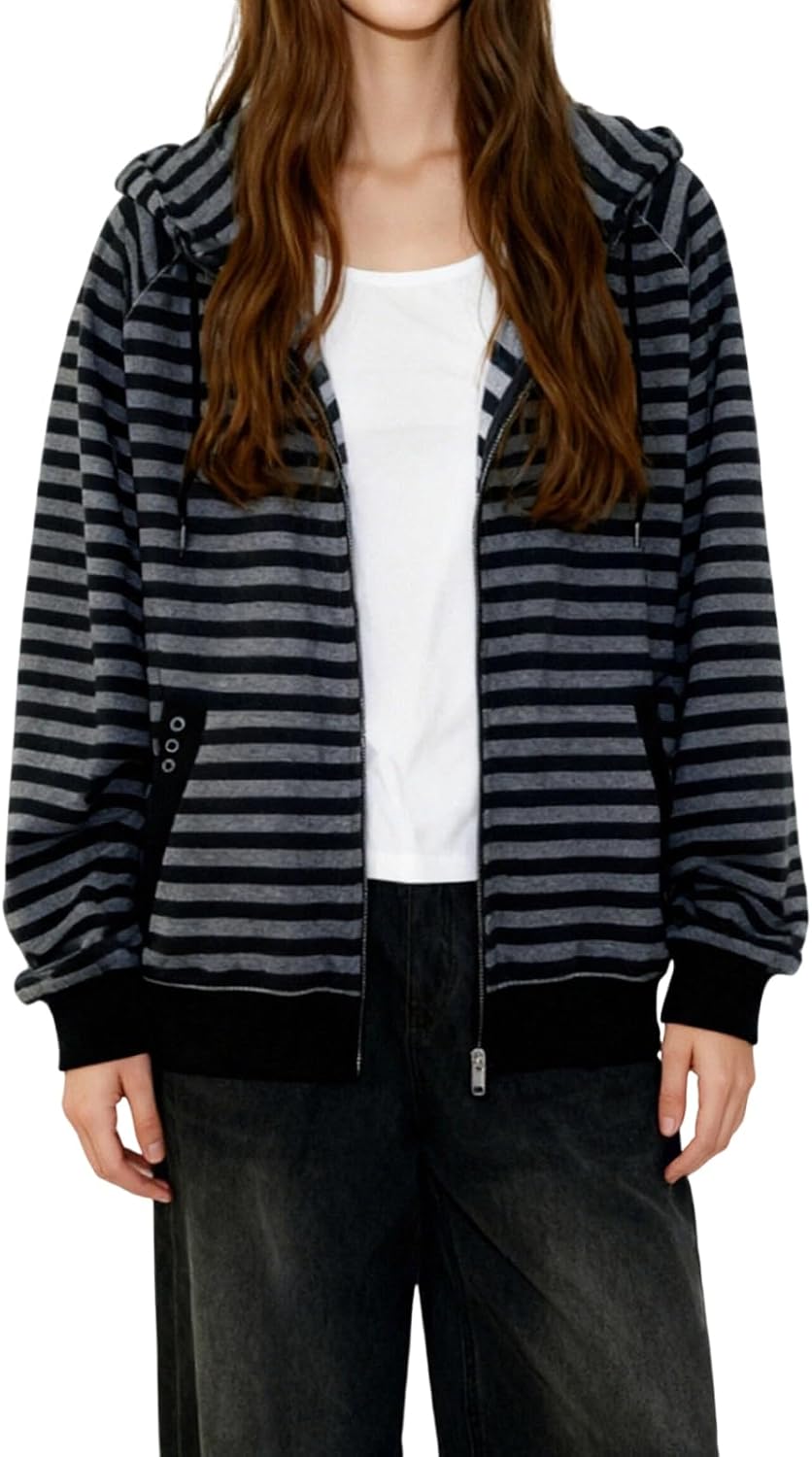 Womens Striped Zip Up Hoodies with Pockets Drawstring Long Sleeve Sweatshirt Jackets Fall Winter Workout Clothes