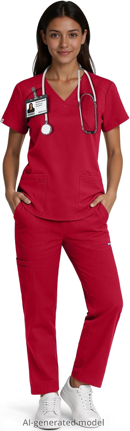 Condition photo showing As Is for scrubs set for women, v-neck top & straight leg pants 9 pockets | back waist darts, utility straps, side slits, easy care, for nurses, clinics, long shifts, daily medical uniforms standard xx-large red