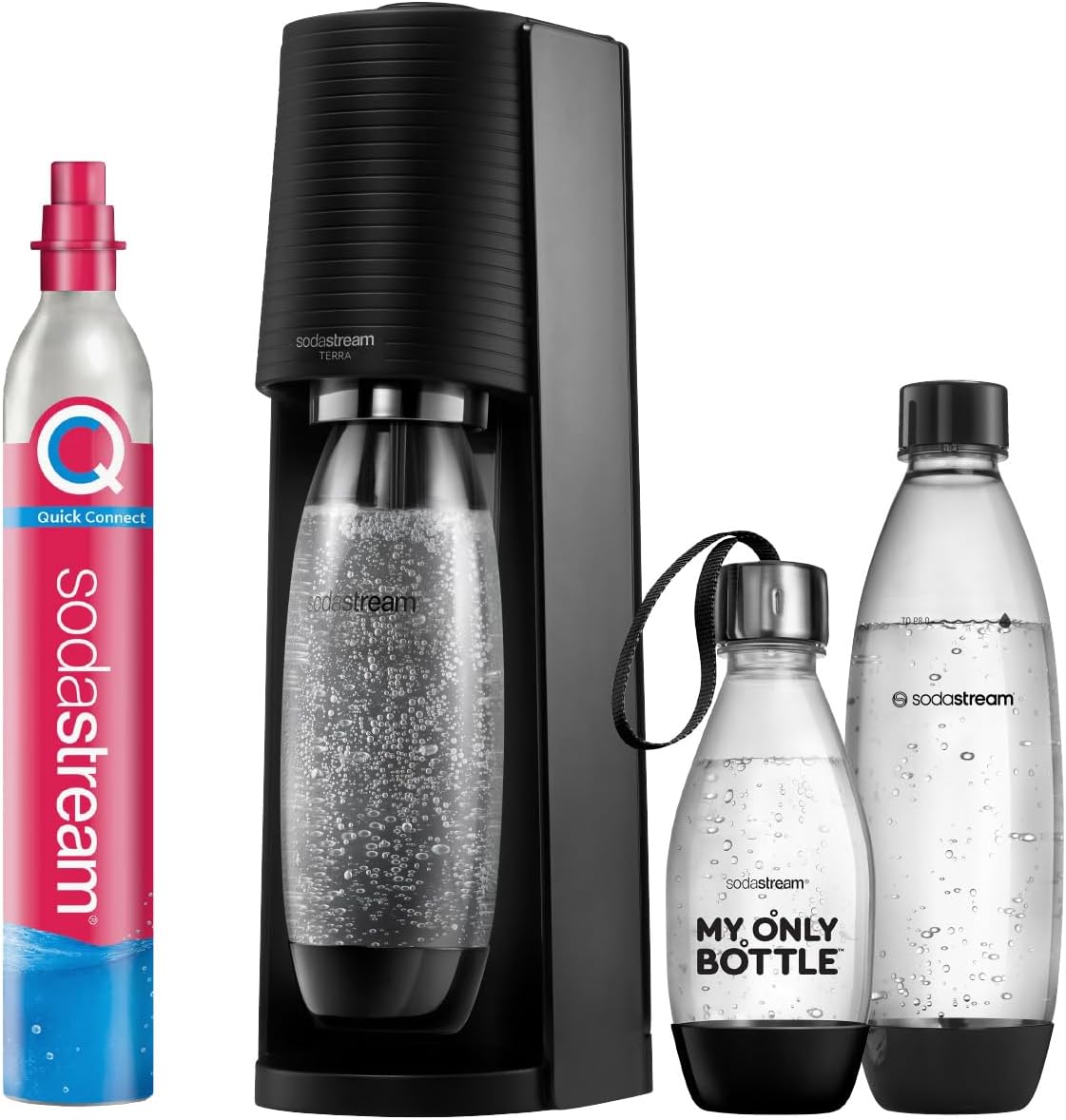 SodaStream Terra Water Carbonator Value Pack with CO2 Cylinder, 2 x 1 Litre 1 x 0.5 L Dishwasher-Safe Plastic Bottle, Height 44 cm, Black, 44cm hoch