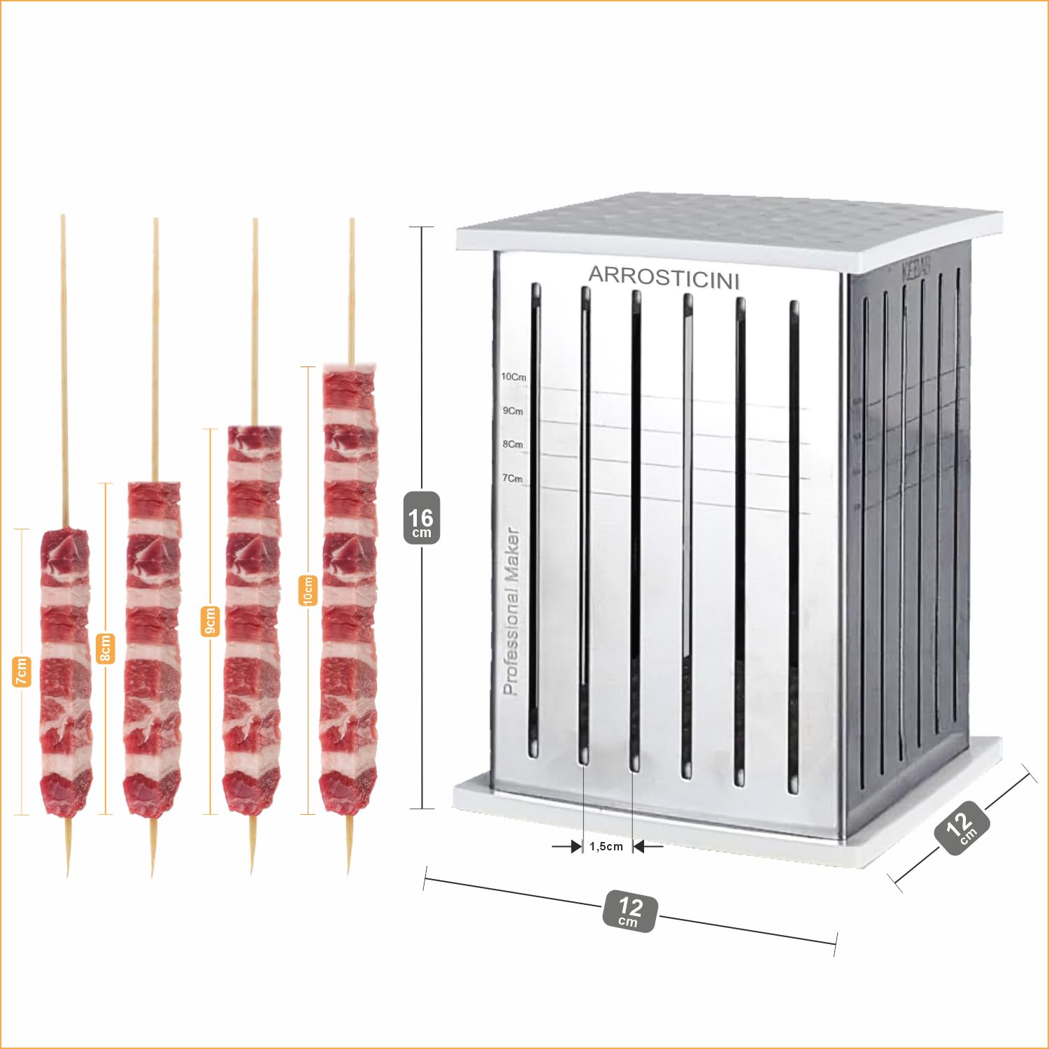 Cubo Arrosticini Spiedini (49 Pcs.) in Acciaio Inox – Macchina per Arrosticini, Kebab, Souvlaki – Smontabile e Facile da Pulire.