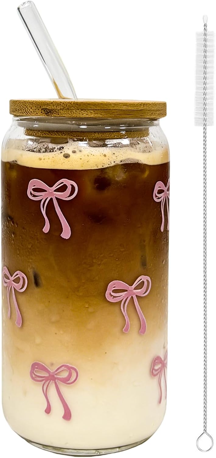 FXK 16 oz Glass Cups, Drinking Glasses with Bamboo Lids and Straws