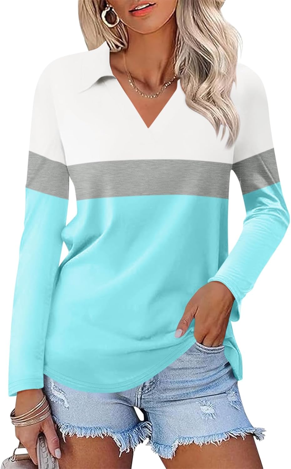 Women's Long Sleeve Shirts V Neck Tunic Tops Dressy Casual Basic Tees Blouse Loose Collar Polos