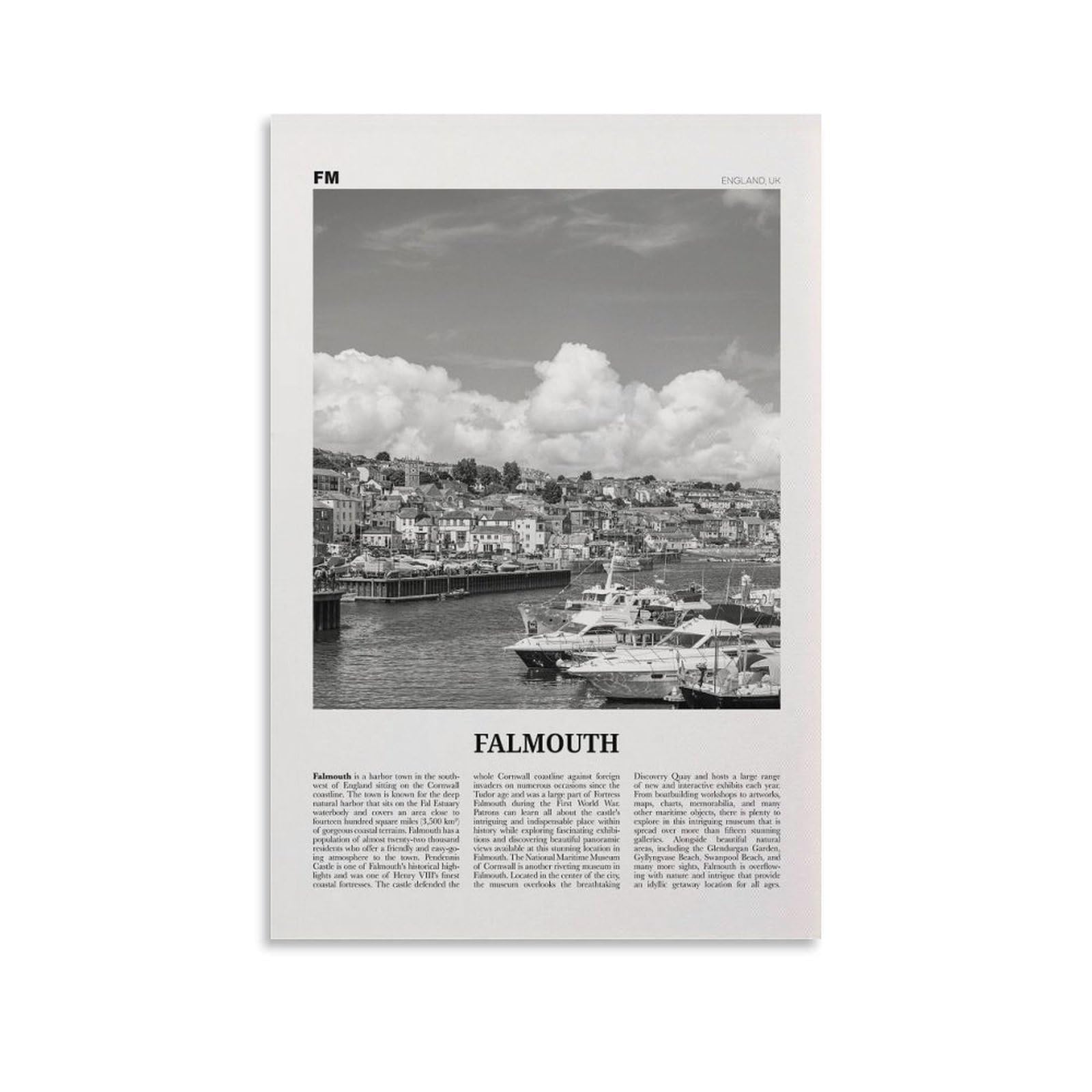 LZTEN Falmouth Print - Black And White England Wall Art, Poster, Photo, Map, Decor - UK Canvas Art