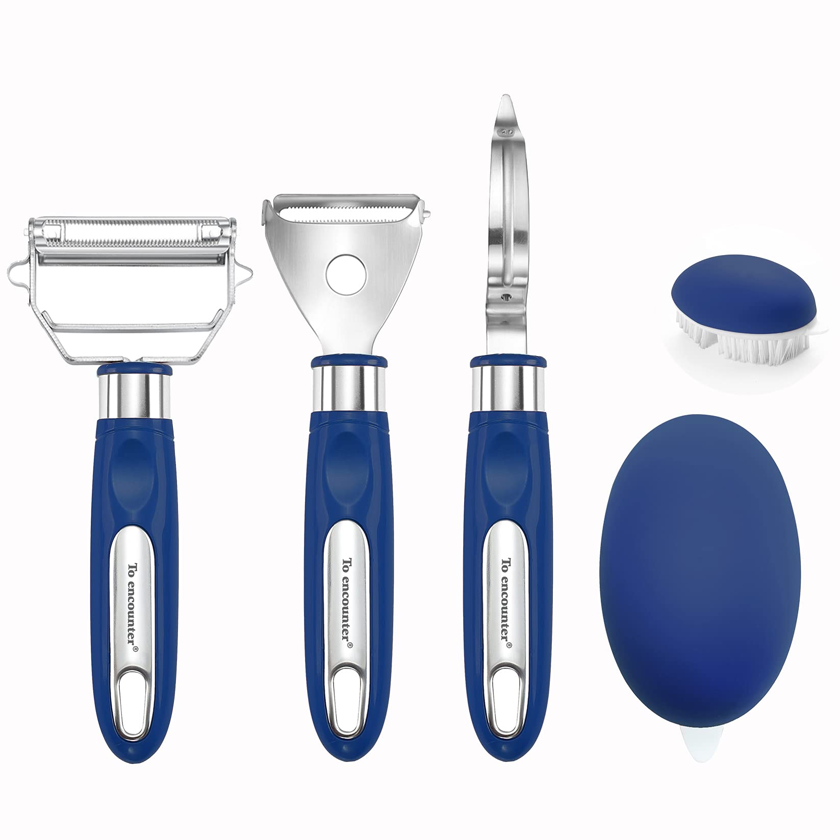 To encounter Vegetable Peeler Set, Stainless Steel Peeler With Cleaning Brush, Set of 4 Ultra Sharp Ergonomic Kitchen Gadget Set, Comfortable Handle (Dark Blue)
