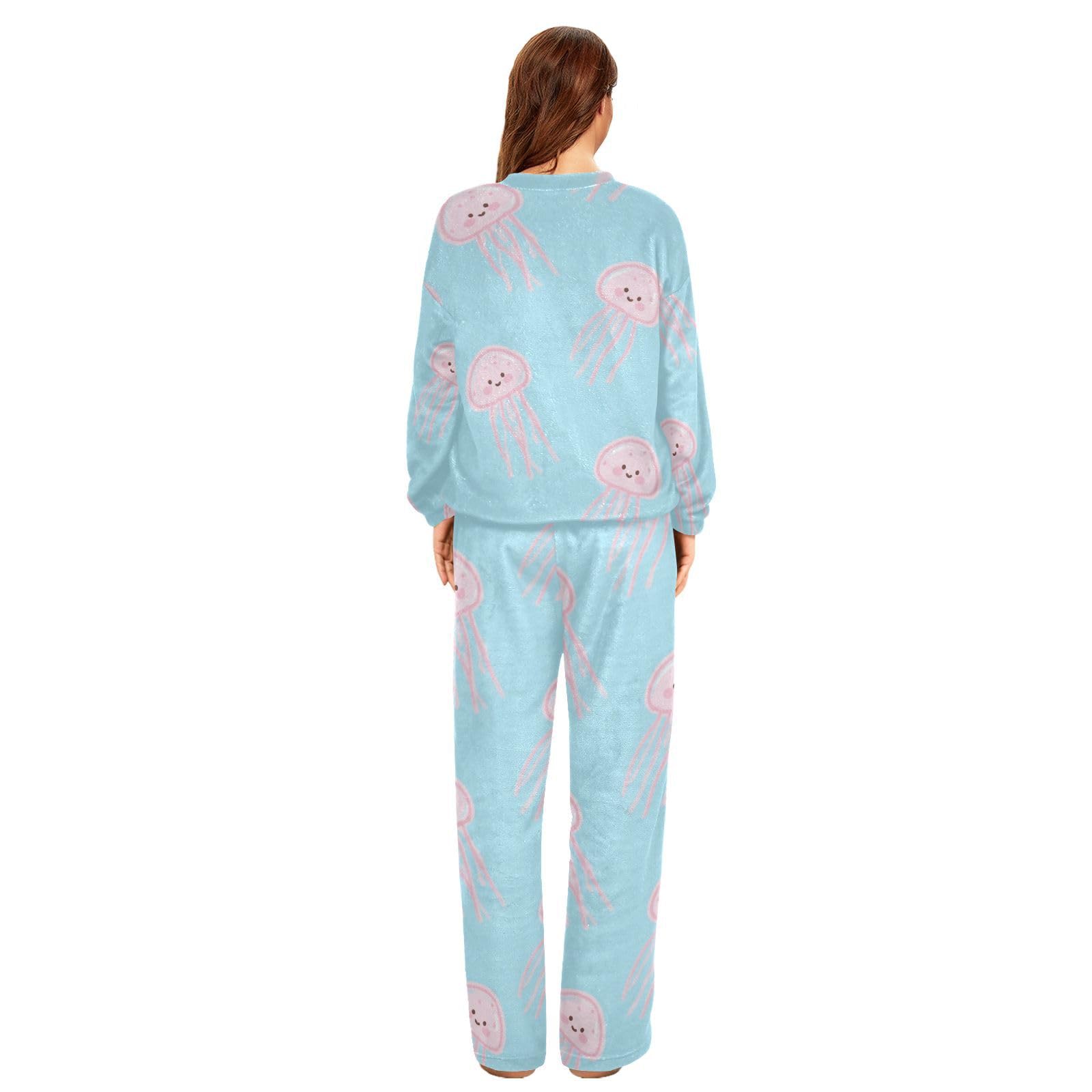 Pigiama da donna in pile a 2 pezzi con meduse blu e pantaloni a maniche lunghe