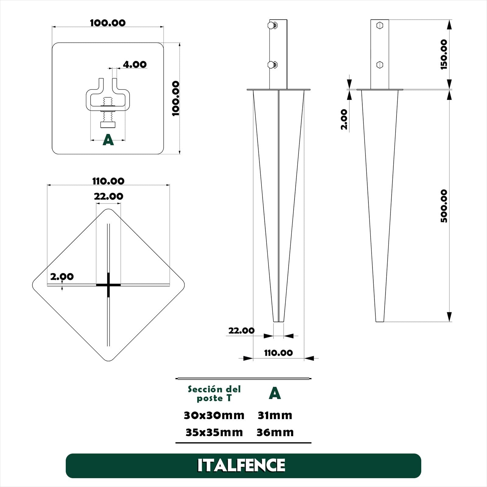 Soporte enterrable para poste T, acero galvanizado [30x30mm, 10 piezas]