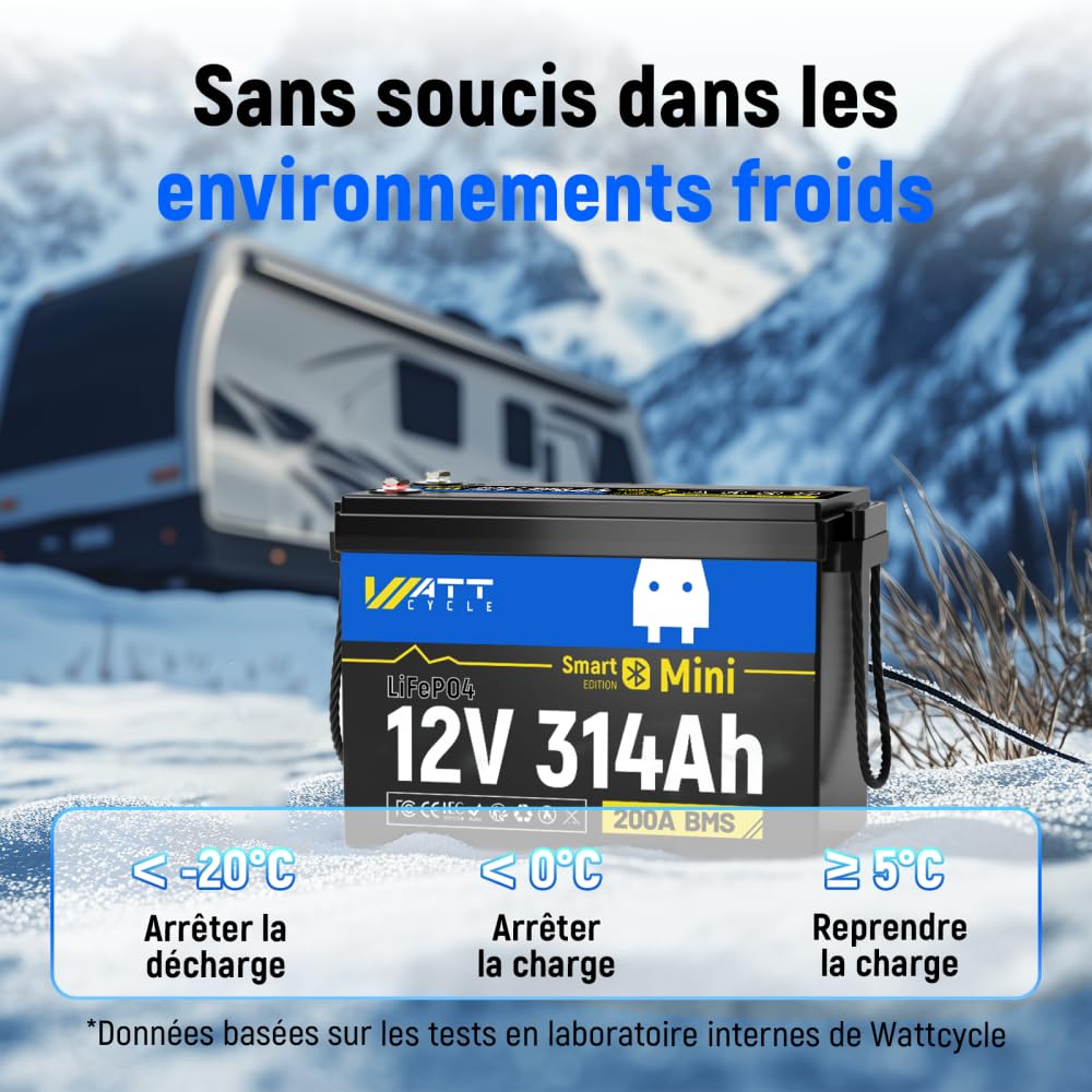Pack de 2 Wattcycle Batteries Lithium 12V 314Ah LiFePO4 Bluetooth, Batteries Décharge Lente avec BMS 200A et Protection Anti-Froid, pour Solaire, Camping-Car et Marine