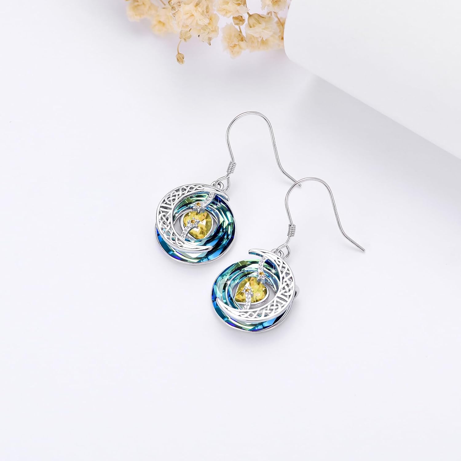 TOUPOP Birthstone Earrings for Women 925 Sterling Silver Moon and Star Dangle Earrings with Blue Crystal Birthday Jewelry Valentines Day Gifts for Her Mom Wife - Image 4
