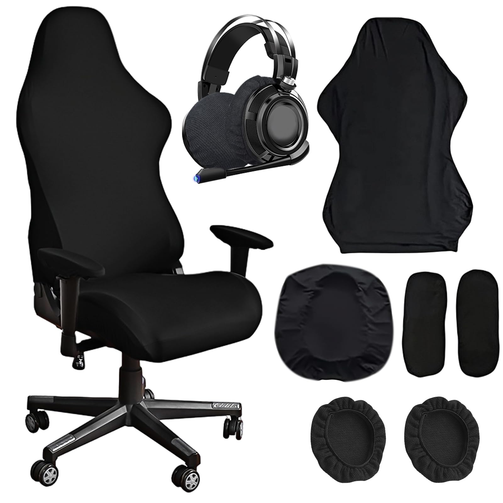 WIYETY Funda para silla de videojuegos, funda para silla de oficina, color negro, elástica, para silla de oficina, videojuegos, estilo carreras, color negro, con funda para auriculares