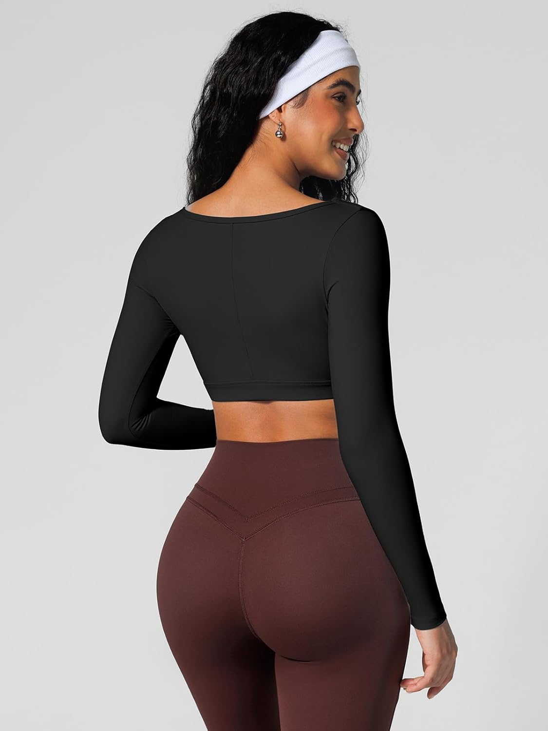 BRXL Long Sleeve Workout Crop Top for Women Built in Bra Gym Athletic Tops Deep V Neck Ruched Padded Dance Sexy Shirts - Image 2