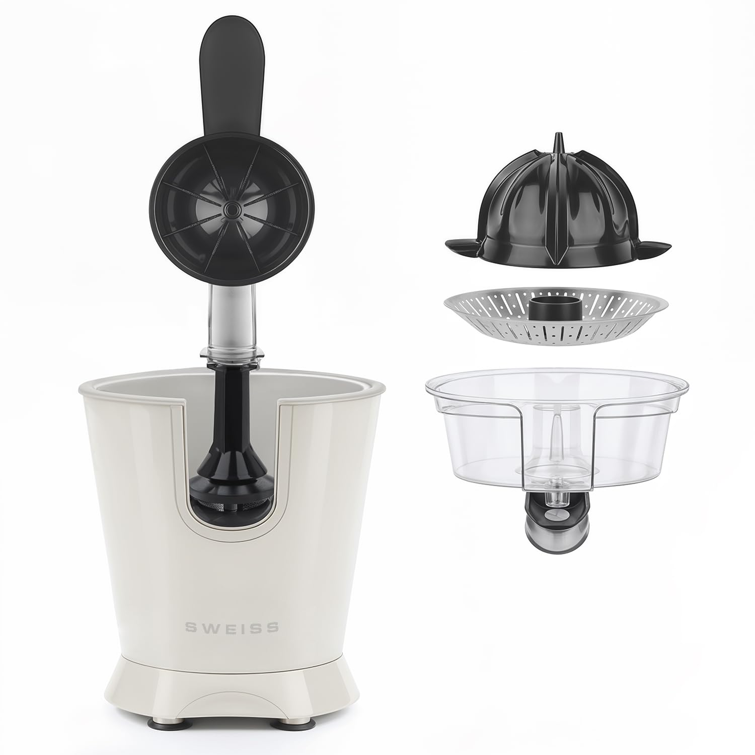 SWEISS Presse-agrumes électrique professionnel ZEST8, Bec verseur anti-gouttes, Compatible lave-vaisselle, Appareil silencieux, Bras articulé puissant 160W, Beige