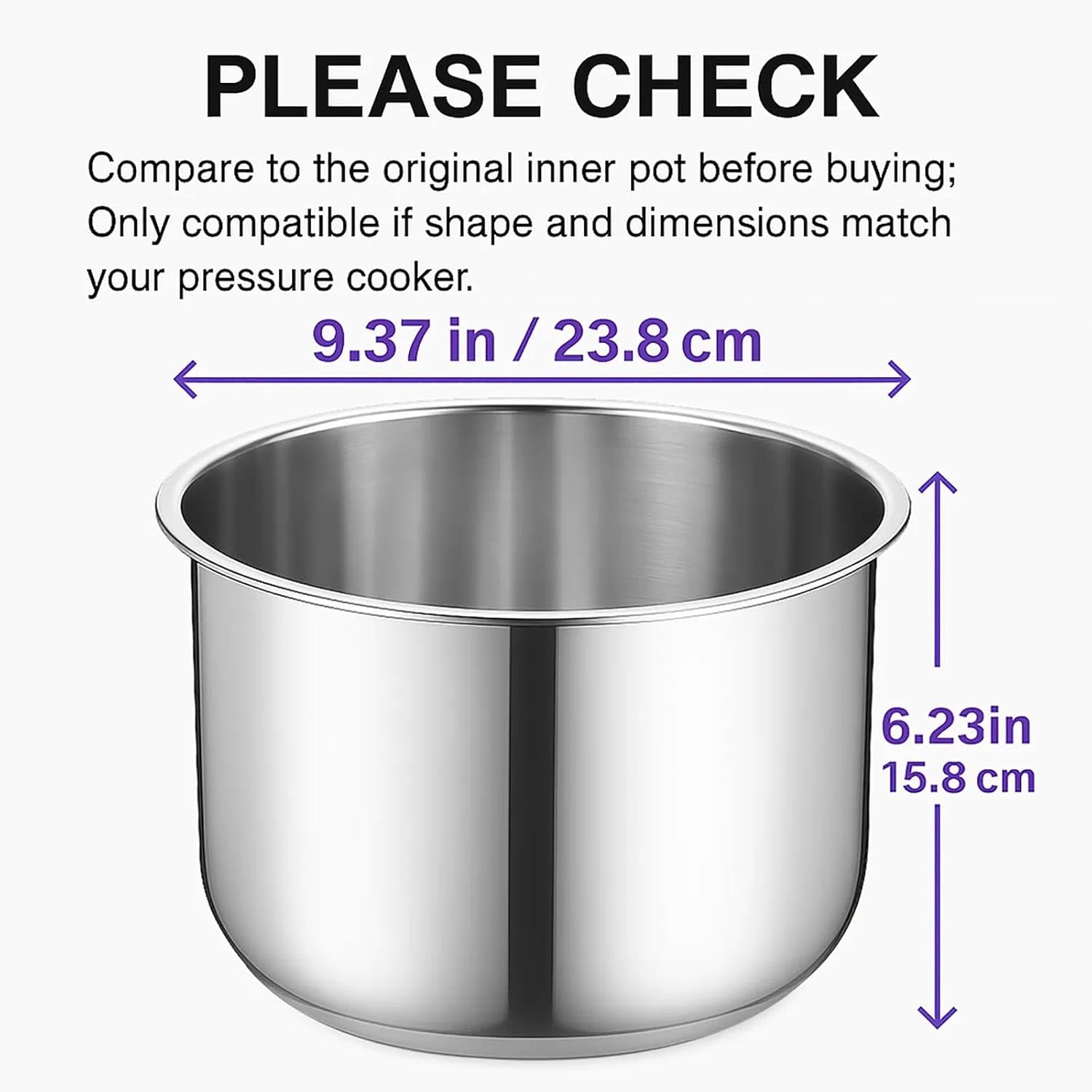 Stainless Steel Inner Pot 6 Quart Compatible with Instant Pot, 3-Ply Bottom Replacement Pot for 6 Qt Models, Food Grade 304 (18/8), Dishwasher Safe Replacement Parts, No Coating