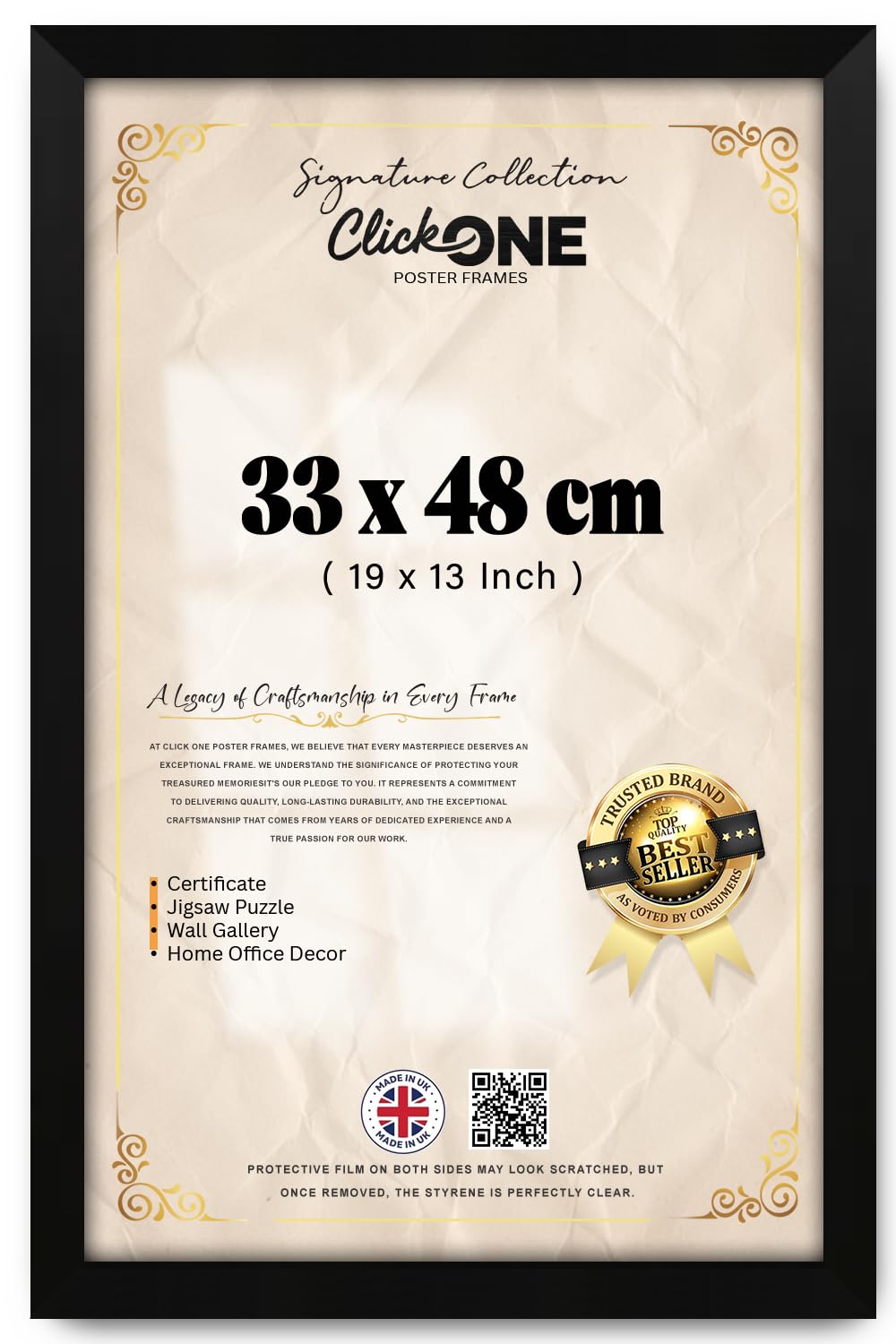 Click One — Engineered Wood Poster Frame (33 X 48 CM) | Rectangle Wall Gallery Art Display With Heavy Duty Backing, Shatter Resistant Styrene Front, 19 X 13 INCH Matt Black Finish Edge