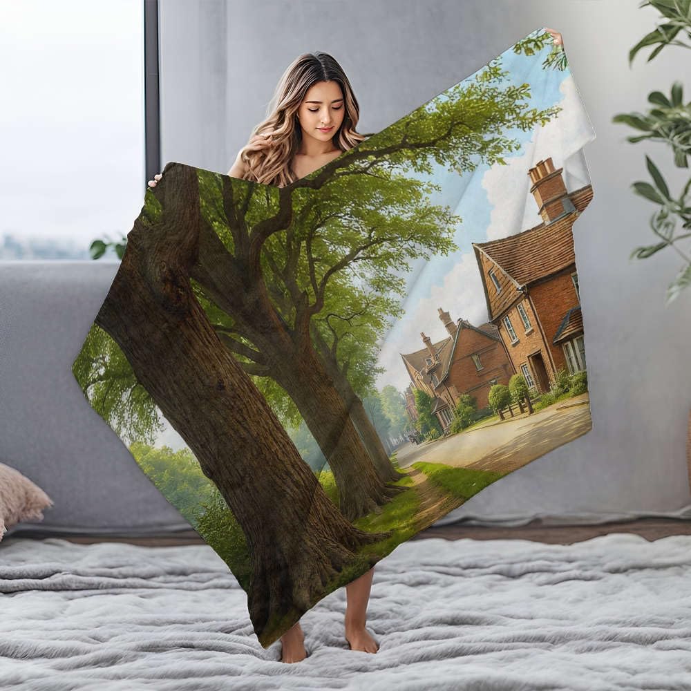 Couverture en flanelle 150x200cm grand lit à motif de maisons et arbres