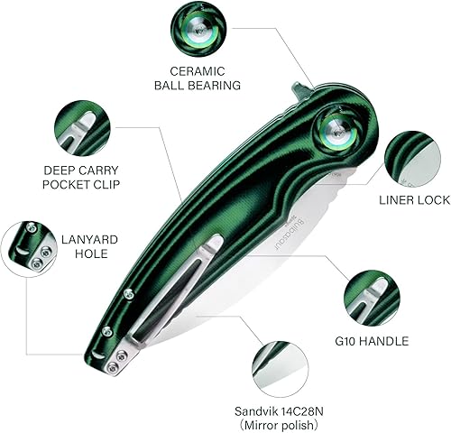 Miniatura 3 de Bulbasaur - Cuchillo de bolsillo plegable, 3.66 pulgadas Sandvik 14C28N hoja de pulido de espejo y mango G10, cuchillo de bloqueo para EDC