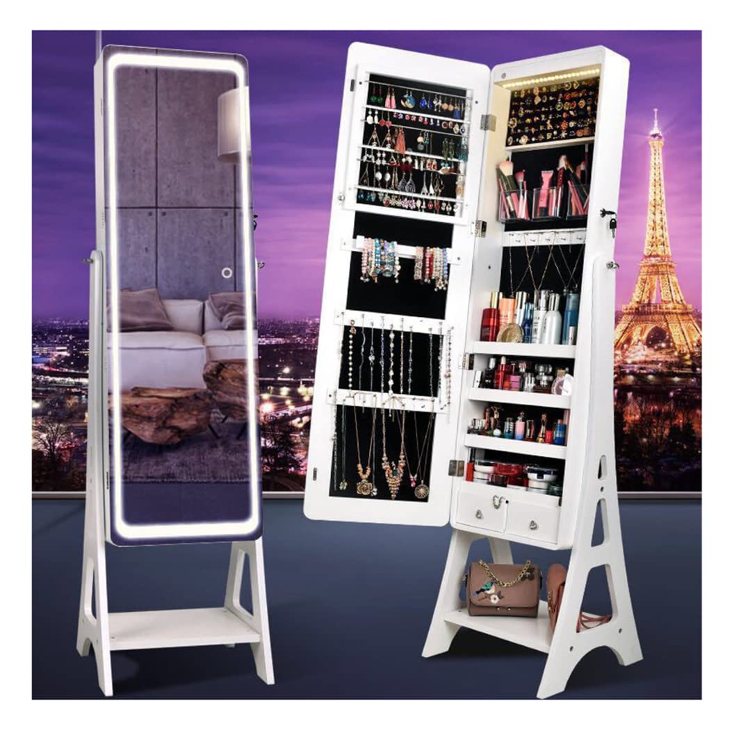 ZHKD ZHKD Gabinete De Joyería + Espejo De Cuerpo Entero, Toque para Ajustar La Luz LED, Blanco