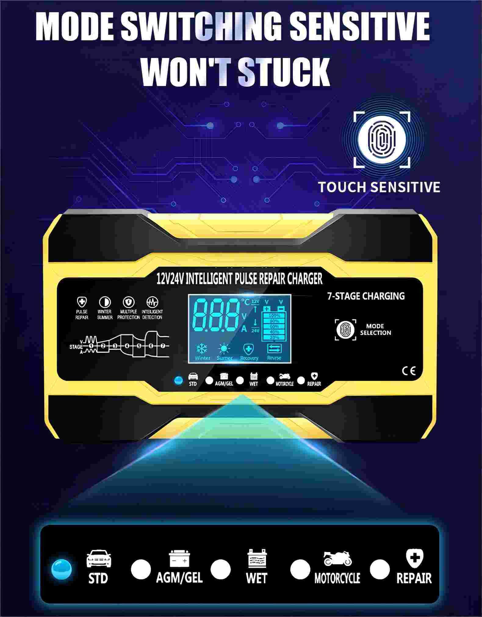 Close-up of the charger's LCD display and touch-sensitive mode selection buttons.