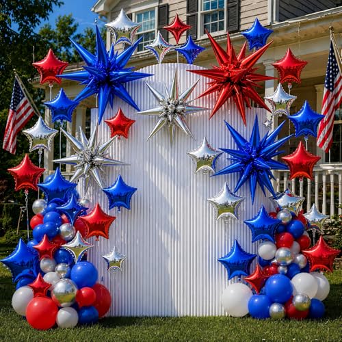 Image of Red Blue Silver Balloons 22 18 10 In 4th of July Patriotic Navy Royal Blue Red Explosion Star Foil Balloon for USA 250th Anniversary Fourth of July Independence Day Memorial Birthday Grad Party Decor