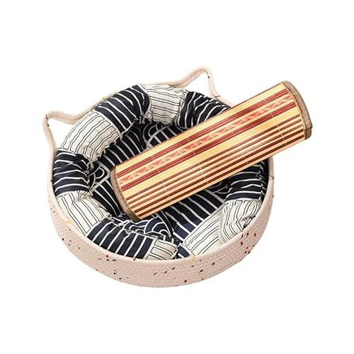 猫用ベッド ネコベッド ペットベッド 綿ロープ手編み 天然綿素材 通気性良好無臭 オールシーズン全年通用 猫ハウス猫ソファ 猫寝床洗える インテリア猫用小型犬用 ペット用品(ブルー-D,35CM)