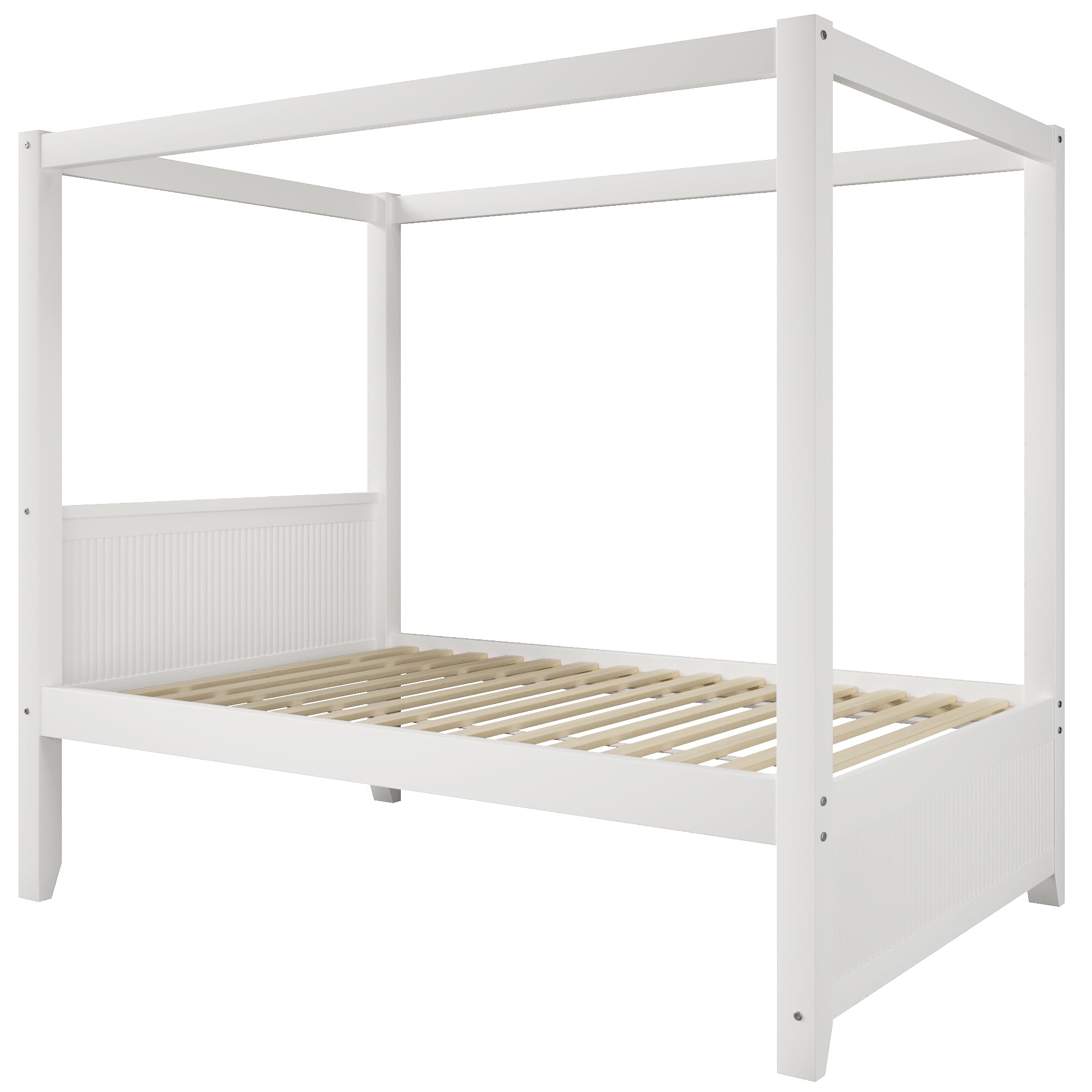 MURUL Himmelbett 90x200 cm Weiß, Massivholz Bett mit Dachrahmen & vertikalen Lamellen, Skandinavisches Design