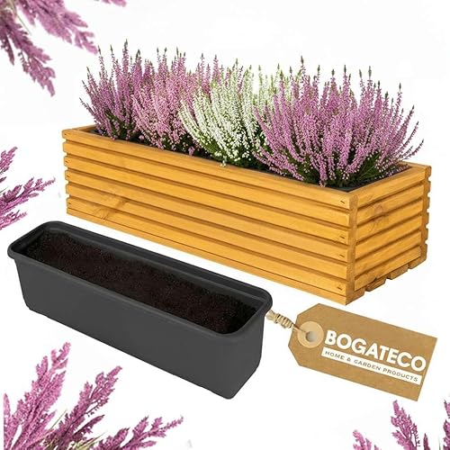 BOGATECO Blumenkasten aus Holz | Pflanzkasten | Blumentopf 44 x 20 x 14,5cm | Kräutertopf für zu Hause Garten Balkon Terrasse | Topf mit Kunststoffeinsatz | Imprägniert | Hellbraun