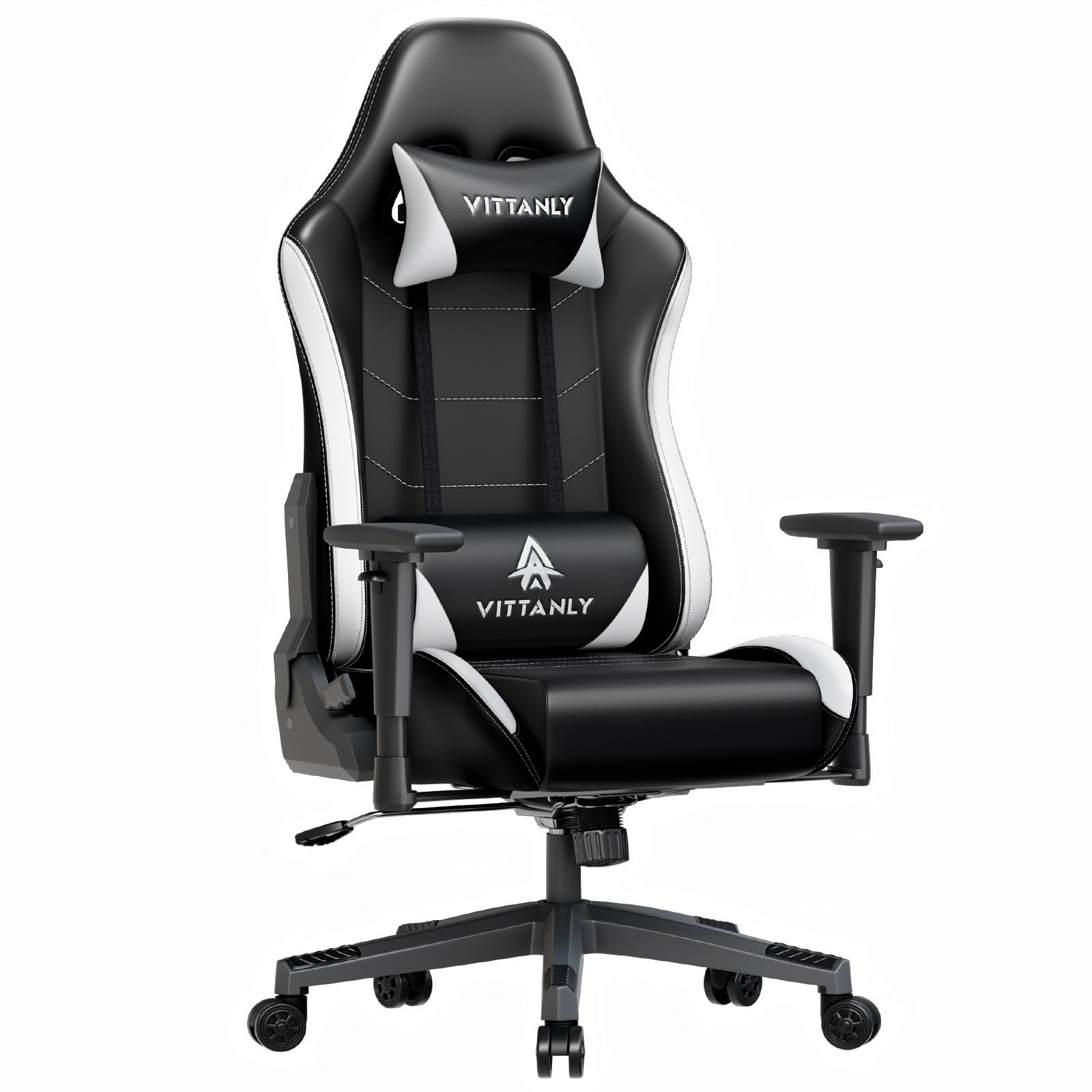 Vittanly Gaming Stuhl, 90-165° Rückenlehne, Tragkraft 150 kg, Weiß | Kopfstütze und Lendenkissen, Gaming Chair, Gamer Stuhl, Gaming Sessel, Bürostuh, Schreibtischstuhl