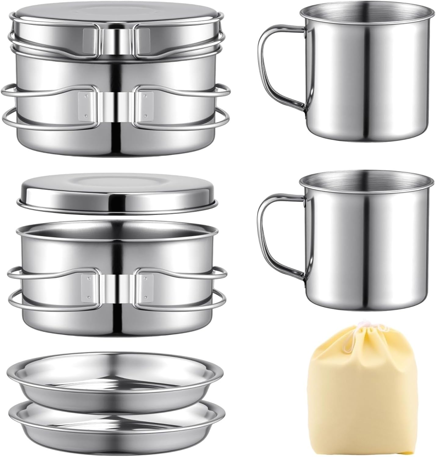 Stainless Steel Camping Cookware Mess Kit - Portable Backpacking Cooking Set with Pot, Plates, Cups & Storage Bag for Outdoor Adventures (8PCS)