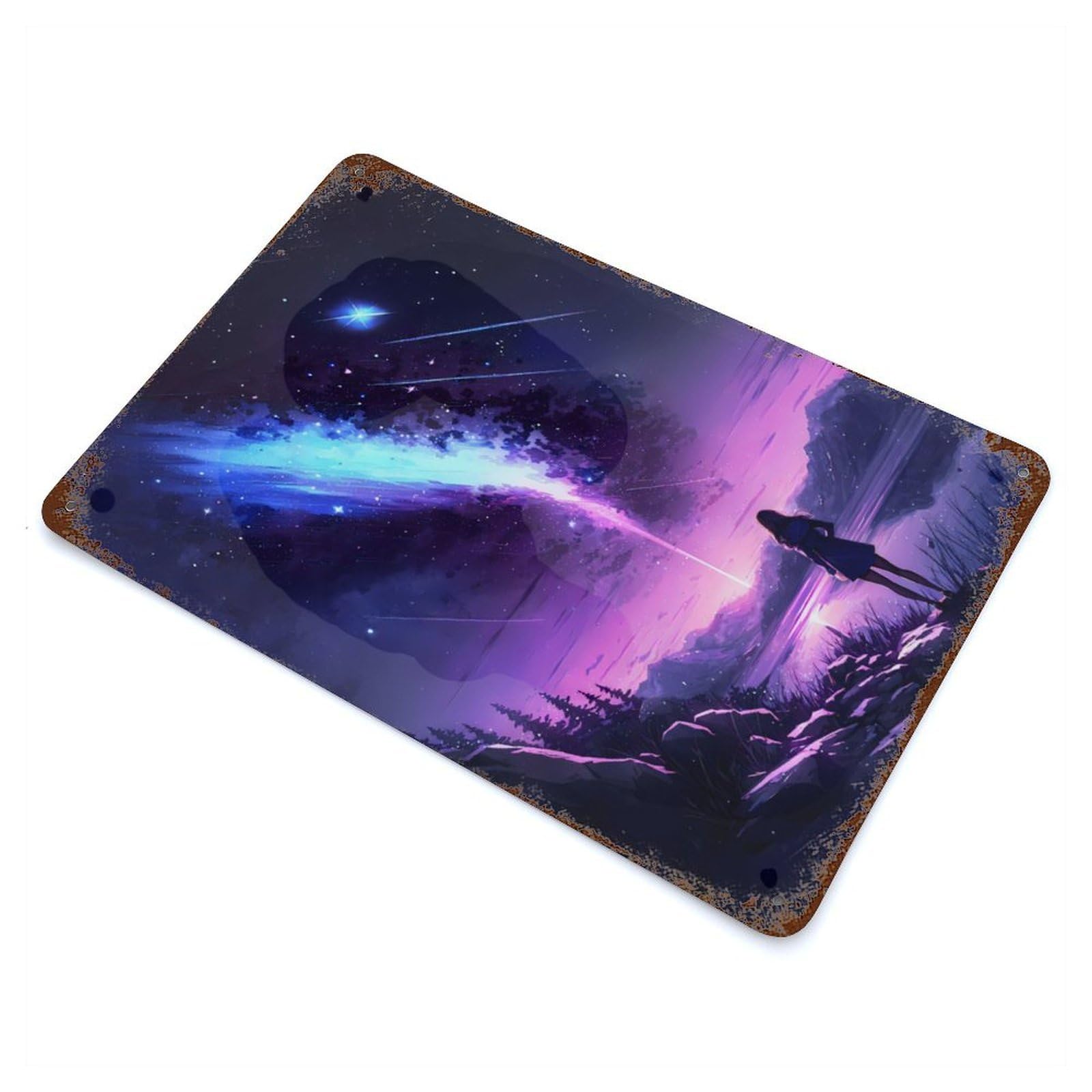 Weathered Tin Sign with Anime Starry Cosmos Night Design 11.8"x7.9", for Garage, Bar And Workshop Decor, Decorative Metal Wall Art