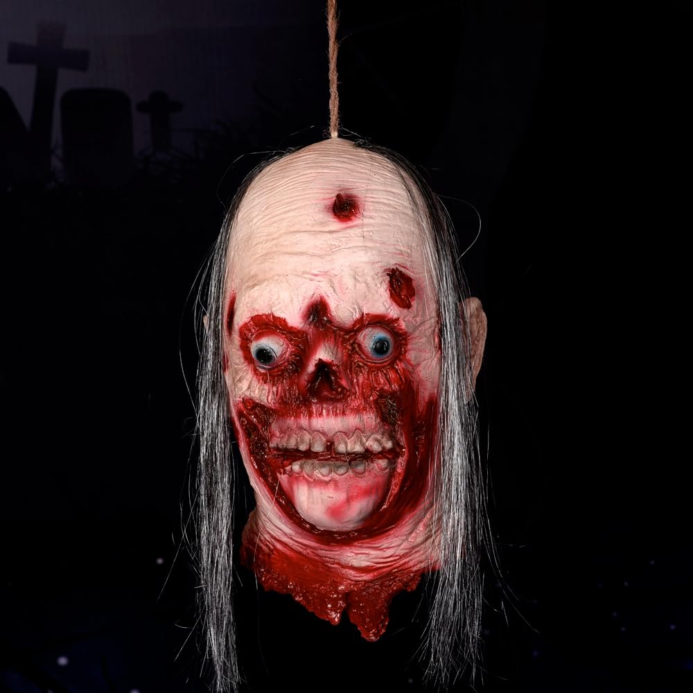 Spare no effort+ Bloody Cut Off Zombie Head Halloween Decoration Scary Hanging Severed Corpse Head Life-Size Latex Simulated Dead Head Props for Haunted House Party Decor