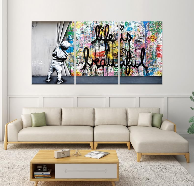 Miniatura 4 de Juego de arte de pared de graffiti grande, diseño moderno de Life is Beautiful carteles e impresiones adecuados para sala de estar, dormitorio,