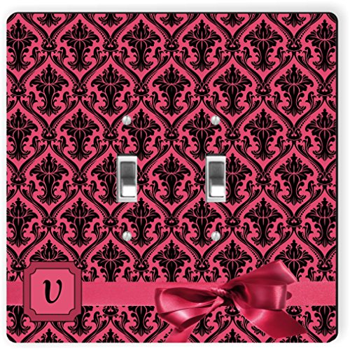 Plaque interrupteur double lettre V rouge au motif damassé