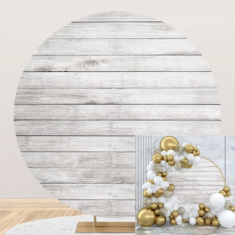 OERJU 7.5x7.5ft Vintage Wood Round Backdrop Cover Retro Rustic White Gray Wooden Floor Circle Photography Background Round Stand Backdrop for Birthday