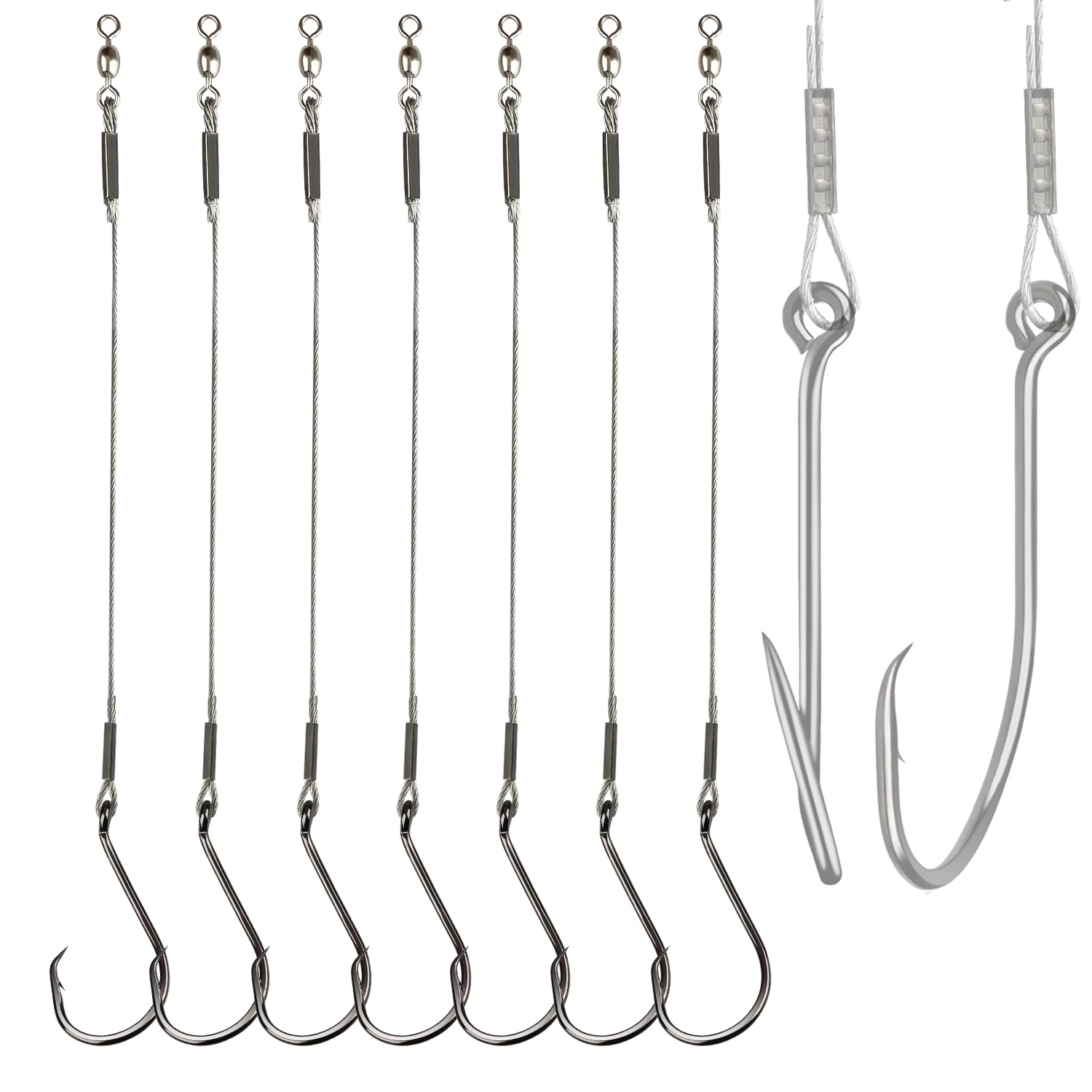 Vipfish Fishing Hook Rigs 25/50 Pack - Circle Hook 1/0-10/0 with Stainless Steel Leader, Crane Swivel - Heavy Duty Saltwater Rigs for Catfish, Shark,